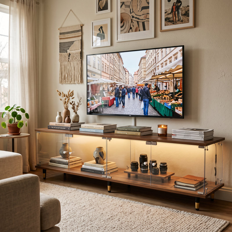 Meuble télé 63 po en verre moderne avec armoire en verre trempé, plateau et base en finition noyer, bande lumineuse DEL multicolore avec télécommande, pieds décoratifs dorés