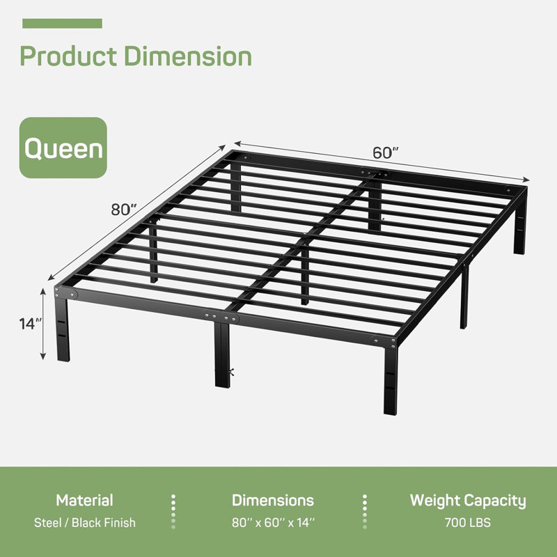 Bed Frame, Metal Platform Frames No Box Spring Needed, Heavy Duty With Storage Space, 14 Inches High, Sturdy Steel Slat Support