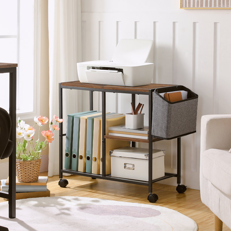 3-tier Mobile Printer Stand With Storage Bag Printer Cart With Wheels, Matte Black/Brown