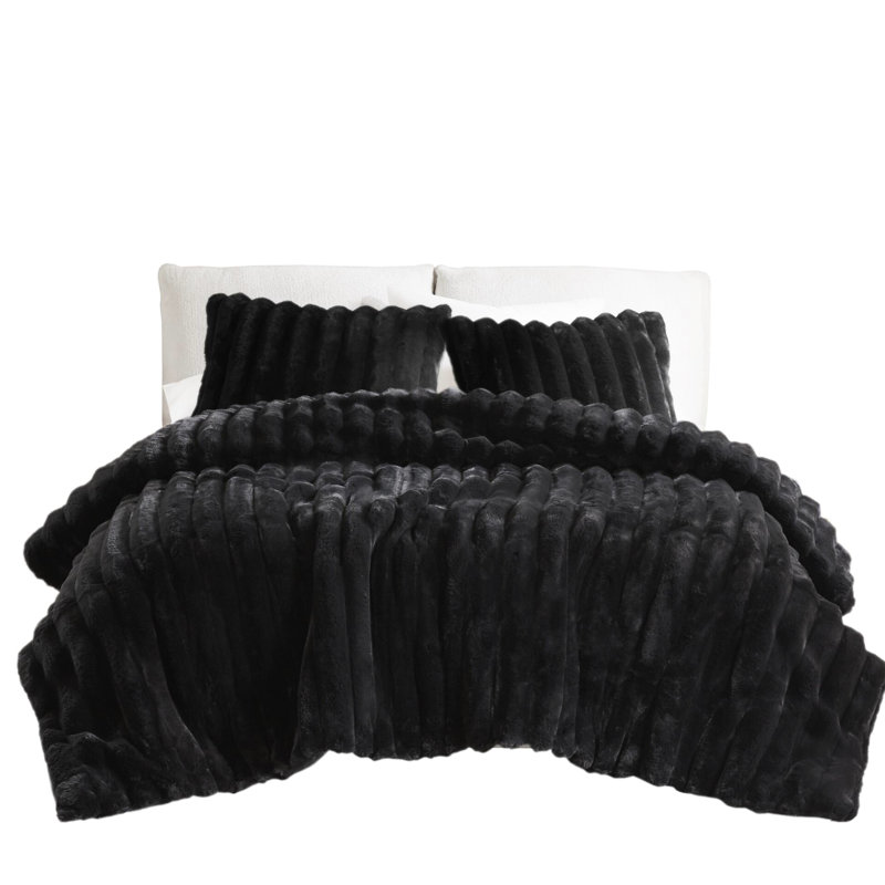 3 pièces, fausse fourrure, édredon, noir, confort douillet, envers, livraison non compressée, texture côtelée moelleuse, lavable à la machine, nettoyage rapide