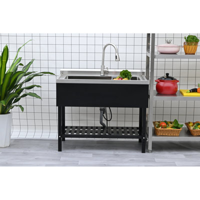 Évier utilitaire autoportant en acier inoxydable avec couleurs noir et argent, profondeur 40 po, largeur 24 po, hauteur 34 po, 42 lb, grand compartiment à utiliser, robinet escamotable, rangement pour grille inférieure en argent