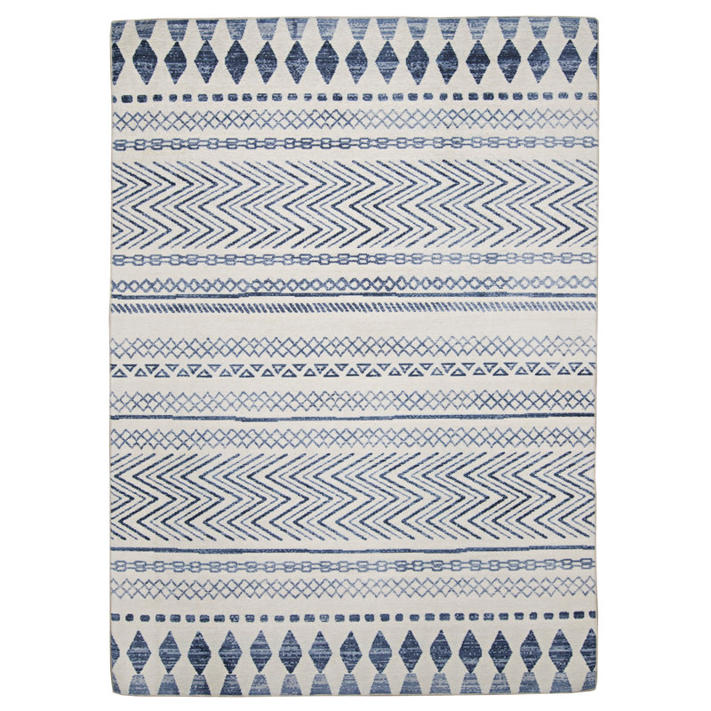 Arielah Moroccan Stripe Ivory and Blue Indoor Outdoor Machine Washable Area Rug