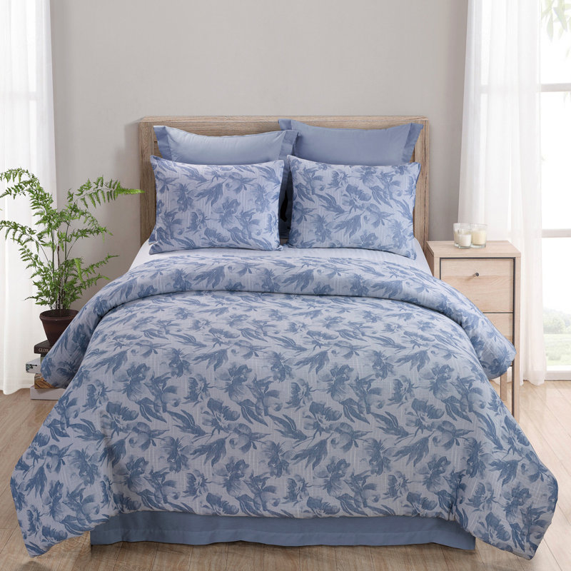 Ensemble d'édredon en coton 3 pièces Almaria, Bleu, Édredon grand + 2 taies décoratives