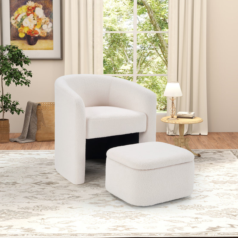 Braedin 28" Wide Modern Upholstered Barrel Chair With Storable Ottoman, White