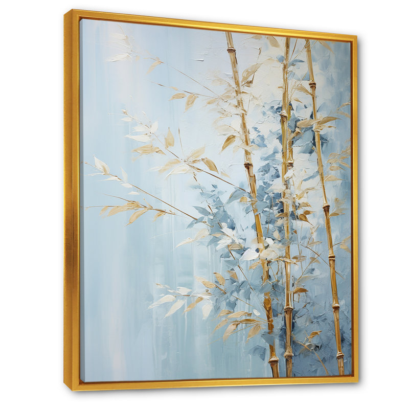Or et bambou bleu sur toile, H 44 po x l 34 po x P 1,5 po, Cadre flottant doré