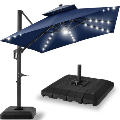  9X12ft 2-Tier Square Outdoor Solar LED Cantilever Umbrella W/ 360-Rotating Base - Navy Blue