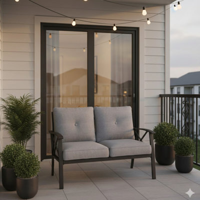 Stylish All-Weather 48-Inch Metal Loveseat with Plush Gray Cushions and Durable Black Frame