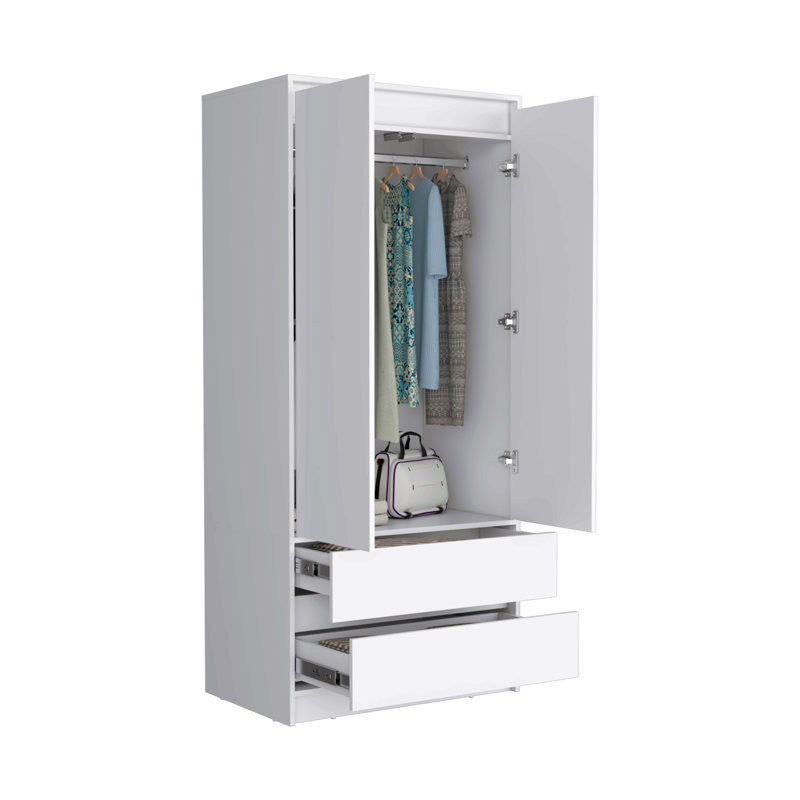 Armoire 2 tiroirs Austin, porte double, tringle, Blanc