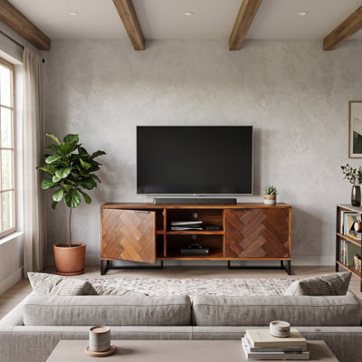 59" Solid Acacia Wood TV Stand - Industrial Herringbone Media Console Table with Cabinets and Open Shelves for TVs up to 65"