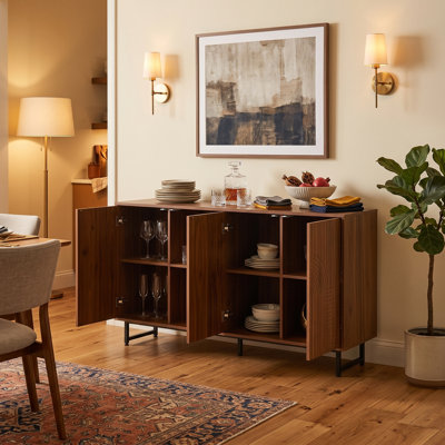 59" Mid-Century Modern Walnut Sideboard Cabinet with Geometric Carved Doors and Metal Legs