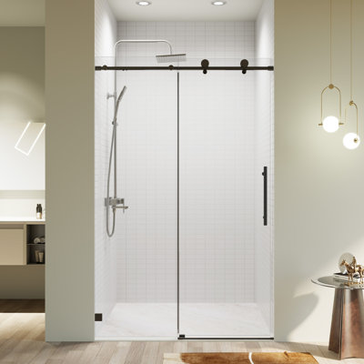 Portes de douche coulissantes simples sans cadre à fermeture en douceur l 46 à 48 po x H 76 po, porte de douche coulissante pour salle de bain, porte en verre trempé épais de 5/16 po (8 mm), noir mat