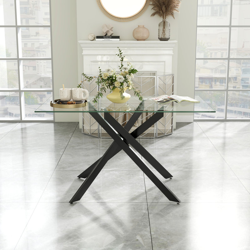 Table de salle à manger rectangulaire en verre trempé avec piédestal en acier inoxydable, H 29,3 po x L 51 po x l 29,5 po