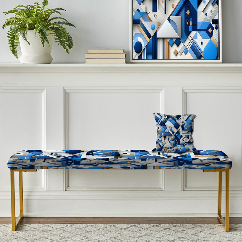 Blue And White Matrix Grid - Geometric Upholstered Gold Bench