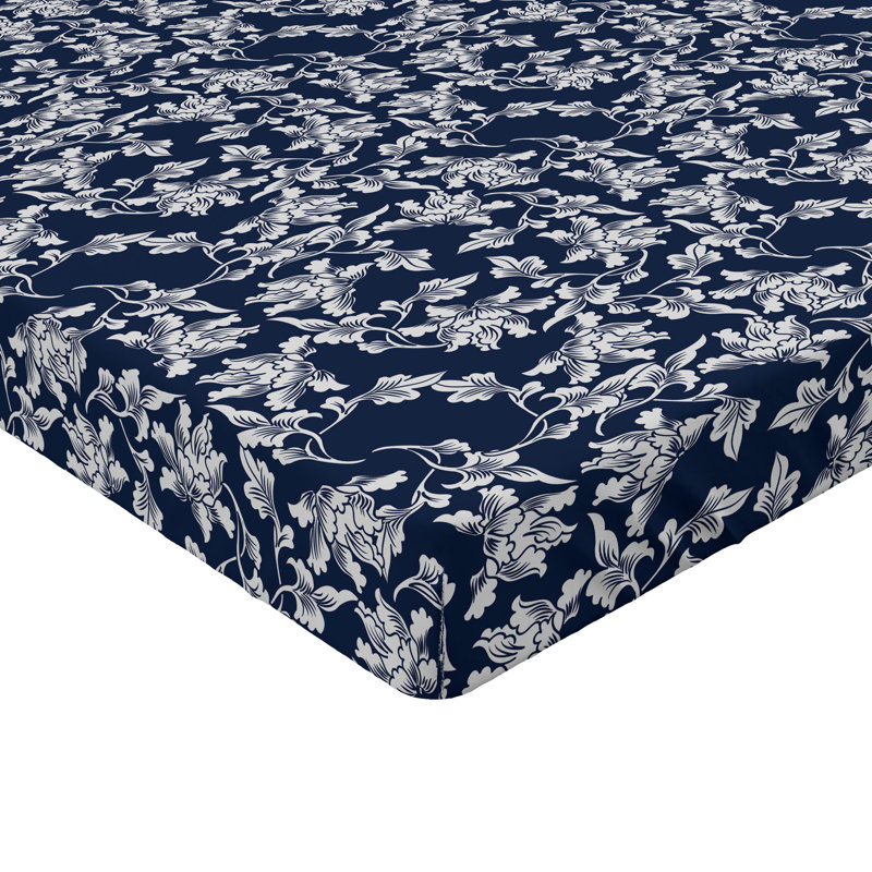 Drap-housse orange Ambesonne, Drap-housse pour lit simple TG, Bleu foncé / motif floral blanc