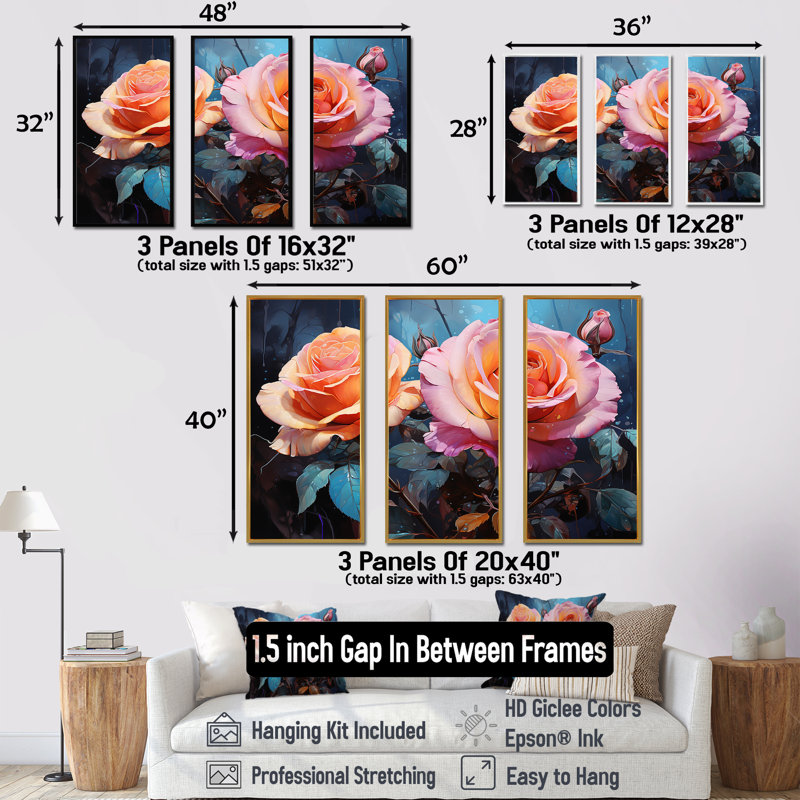 Minimalisme, roses roses, rêve III - ensemble de reproductions d'art mural roses, Cadre flottant doré