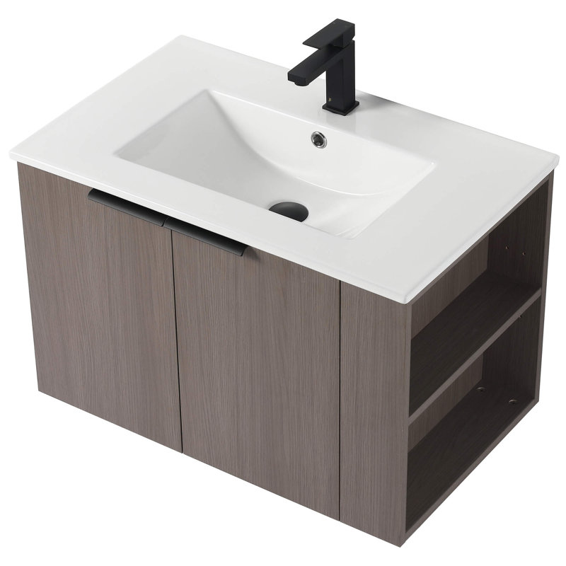 Meuble-lavabo moderne Elmridge de 30 po avec lavabo en céramique blanche Ebern Designs, Chêne gris
