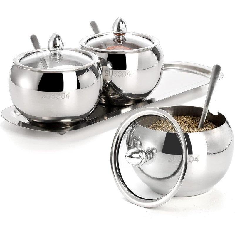 3 Grids 304 Stainless Steel Seasoning Containers Set With Lid Spoon And Tray, Condiment Jar Spice Container, Condiment Canisters Pots For Serving Sugar, Pepper, Salt, Spice