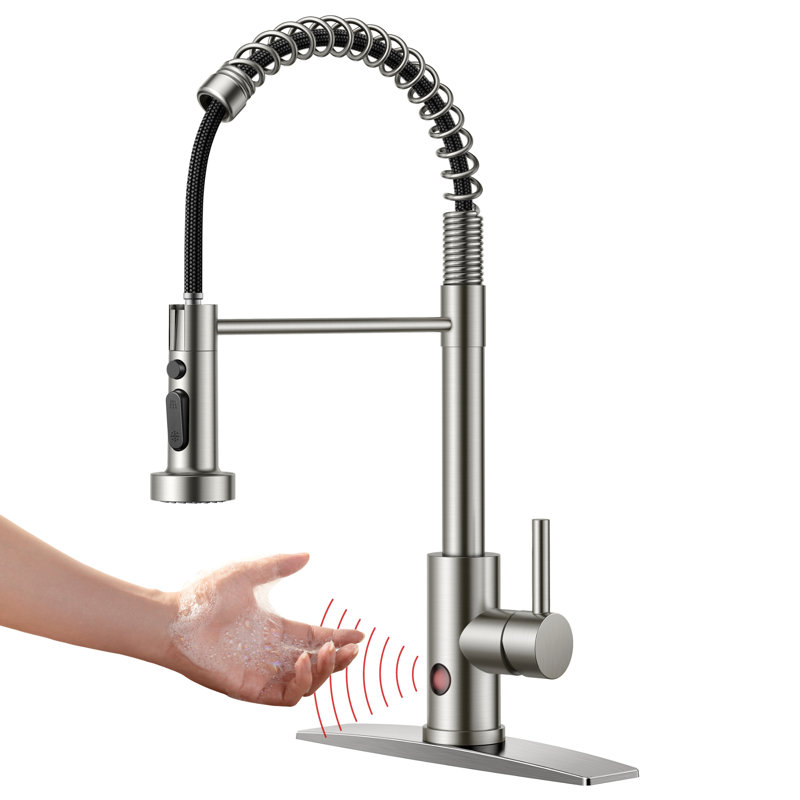 Robinet de cuisine rétractable sans contact avec plaque de pont, Nickel brossé