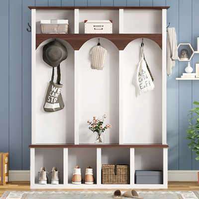 Farmhouse Hall Tree With Storage Bench, Arched Design Entryway Organizer With 5 Hooks & 7 Cubbies, Shoe Cabinet For Mudroom, Living Room by Lark Manor