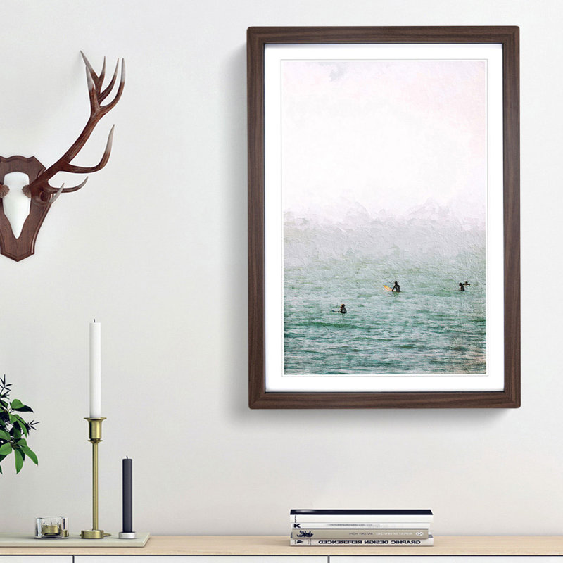 Surfers Waiting to Surf - Picture Frame Painting Print on MDF, 48cm H x 36cm W x 2cm D, Walnut Framed