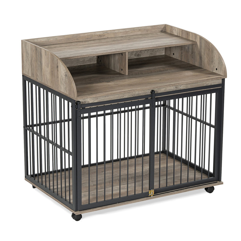 Chenil pour chien avec rangement double couche et look élégant, roues fonctionnelles verrouillables en caisse grise