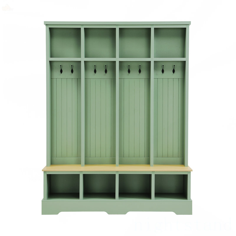 Farmhouse 59"W Wide Hall Tree With 8 Hooks, Green