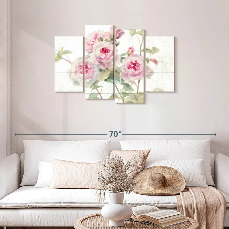 Douces roses sur bois, H 27 po x l 43 po