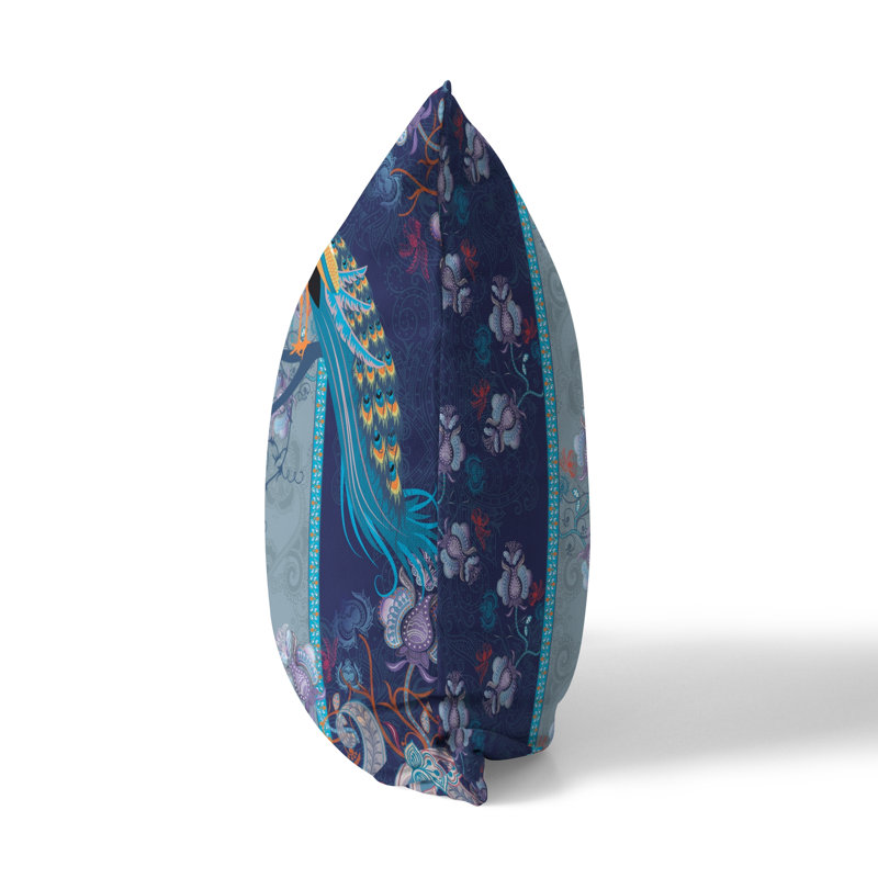 Indigo Blue Peacock Floral Square Outdoor Throw Pillow