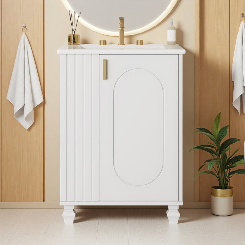Meuble-lavabo élégant avec lavabo - Armoire à cadre en bois massif avec porte à fermeture douce et rangement multifonctionnel pour des salles de bain élégantes, 