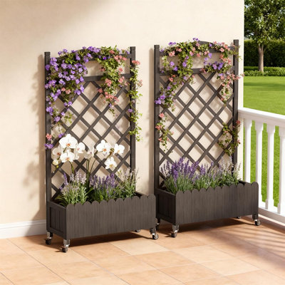  2 Pack Raised Garden Bed With Trellis And Wheels,48Inch Elevated Planter Box With Drainage Holes,Lattice Privacy Screen For Climbing Plants Vegetables,Outdoor For Patio Balcony Yard,Brown