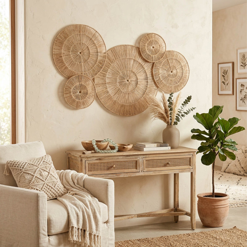Ensemble de 5 paniers muraux en jute tissé, ensemble de décoration murale bohème avec motif de soleil levant, art mural panier tissé à la main