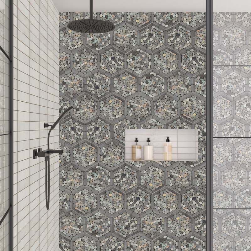 Daltile Pebble Oasis Natural Stone Framed Hexagon Pebble Mosaic 11" x 10" (11 PC per Carton) (10.88 SQFT per Carton), Coastal