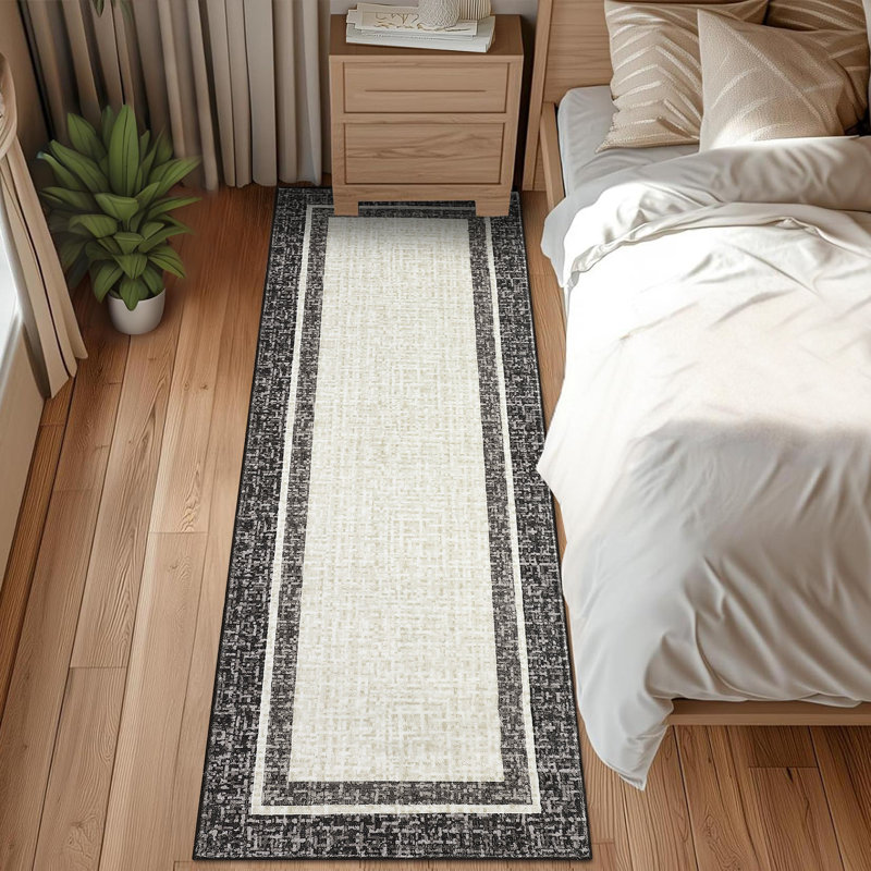 Modern Machine Washable Rug Bordered Design Non-Slip Low Pile Rubber Backing Area Rug for Living Room Bedroom Kitchen Dining Room