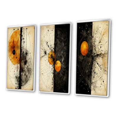 «Harmony Circular Abstract Orange White Black I», 3 pièces sur toile