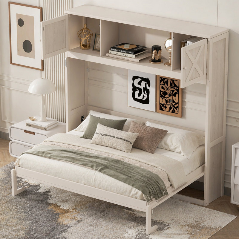 Grand lit escamotable avec armoires de rangement, Queen, Beige