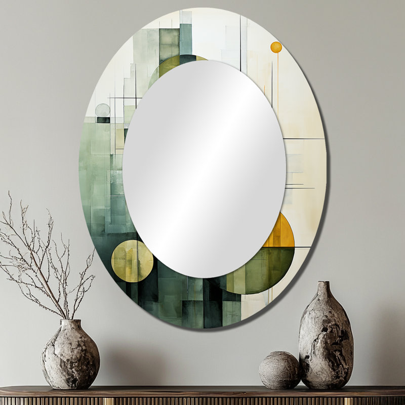 Olive Orbits Abstract Shapes I - Miroir mural ovale moderne vert, 40 po x 30 po