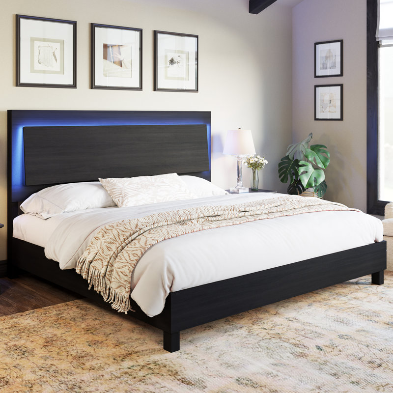 Tryston Wood Queen Bed Frame with LED Headboard, Black, Black, Queen