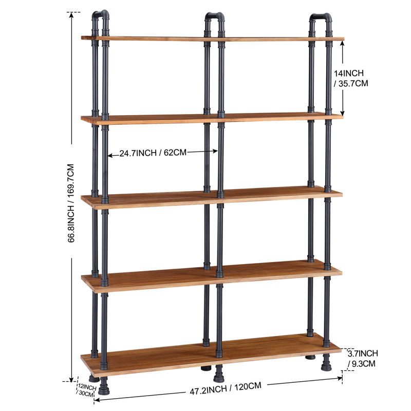 47'' W Freestanding Wood Bookshelf with Metal Frame, Large Open Shelves for Storage, (5 Shelves) 66.8" H x 42" W x 12" D