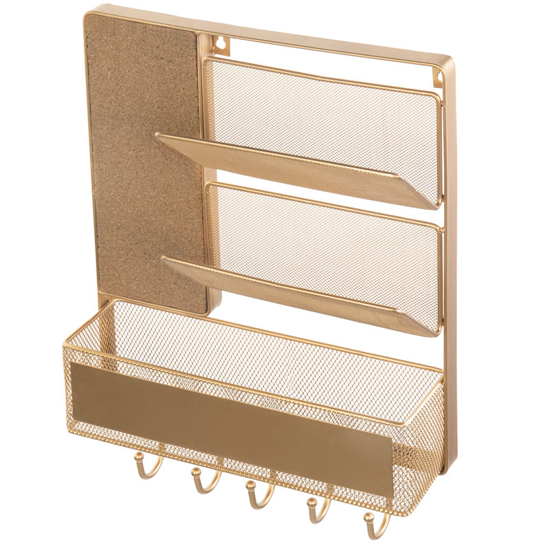 Wall Mail Organiser With Key Hooks, Wall Baskets and Mail Storage, Gold