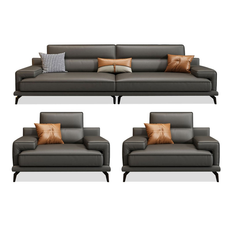 Ensemble de salon en cuir véritable gris foncé 3 pièces, Gris foncé