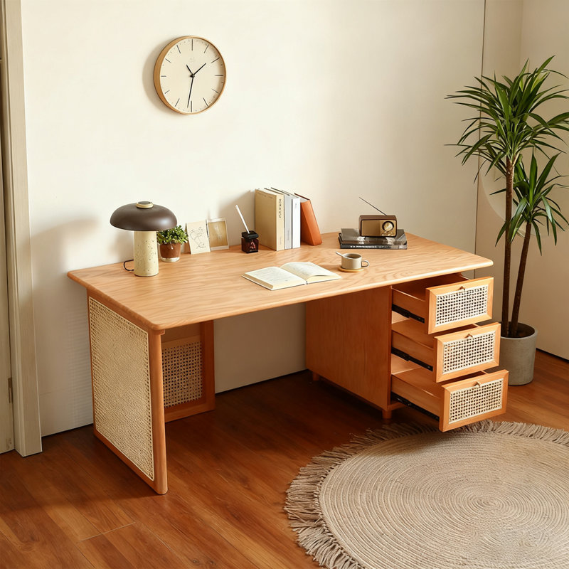Brown Rectangular Solid Wood+Rattan desk, 29.53" H x 62.99" W x 31.5" D