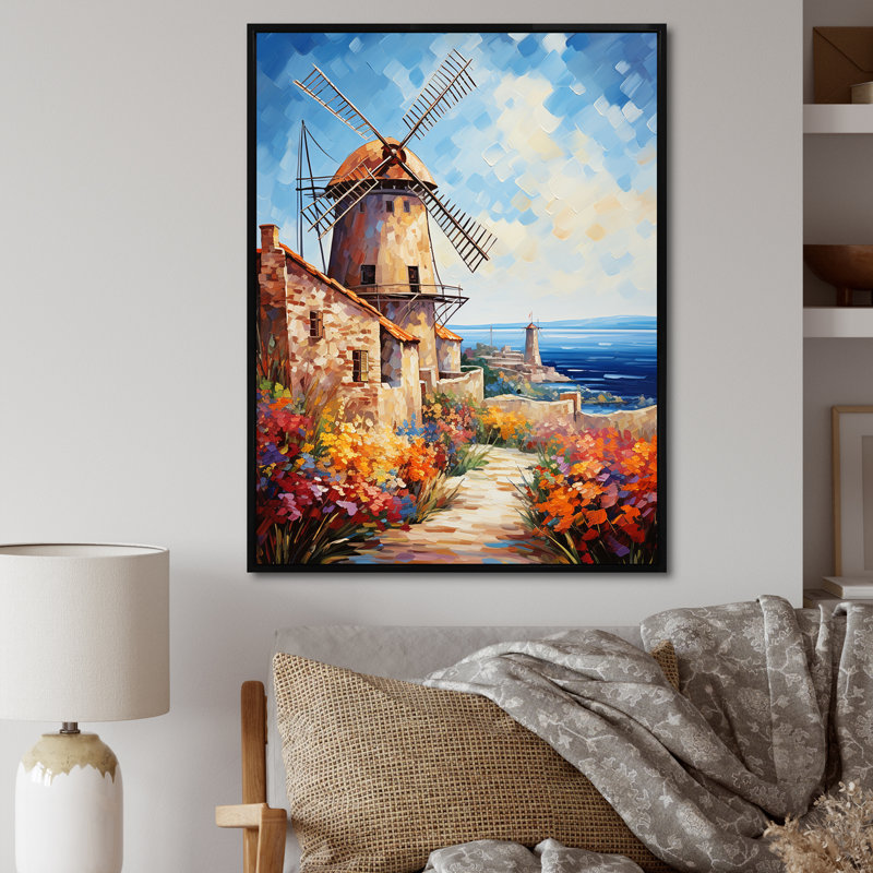 «Windmill Sunny Coastal Views - Wind Turbines», art mural, Gold Picture Framed, 20" H x 12" W