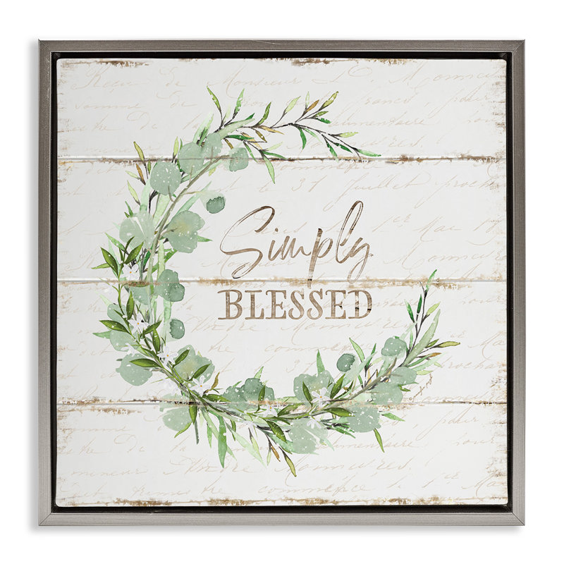"Simply Blessed Rustic Wreath", peinture murale encadrée flottante grise par Jennifer Pugh, H 18 po x l 18 po