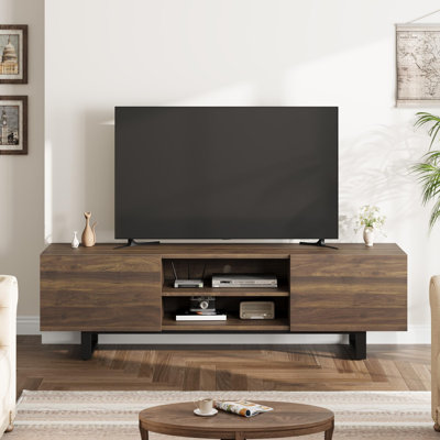Meuble télé 60 po, meuble télé moderne avec 2 tiroirs, meuble multimédia en bois avec pieds robustes et rangement ouvert, console télé pour le salon, noyer