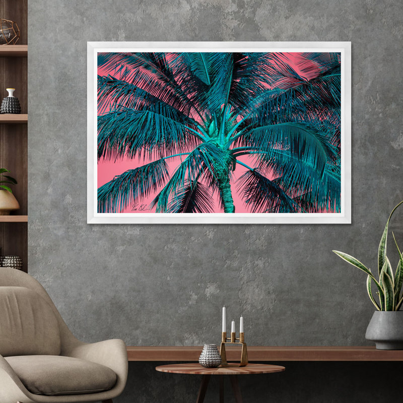 Palmier tropical en rose et bleu, H 29 po x l 42 po x P 1,5 po, Cadre blanc