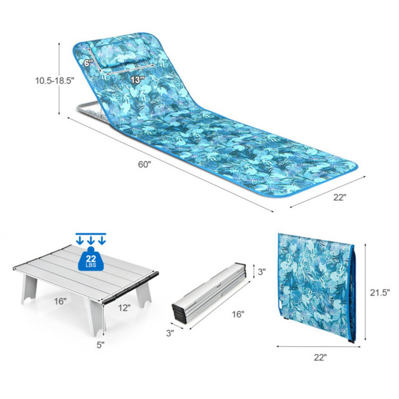 3 Pieces Beach Lounge Chair Mat Set 2 Adjustable Lounge Chairs With Table Stripe