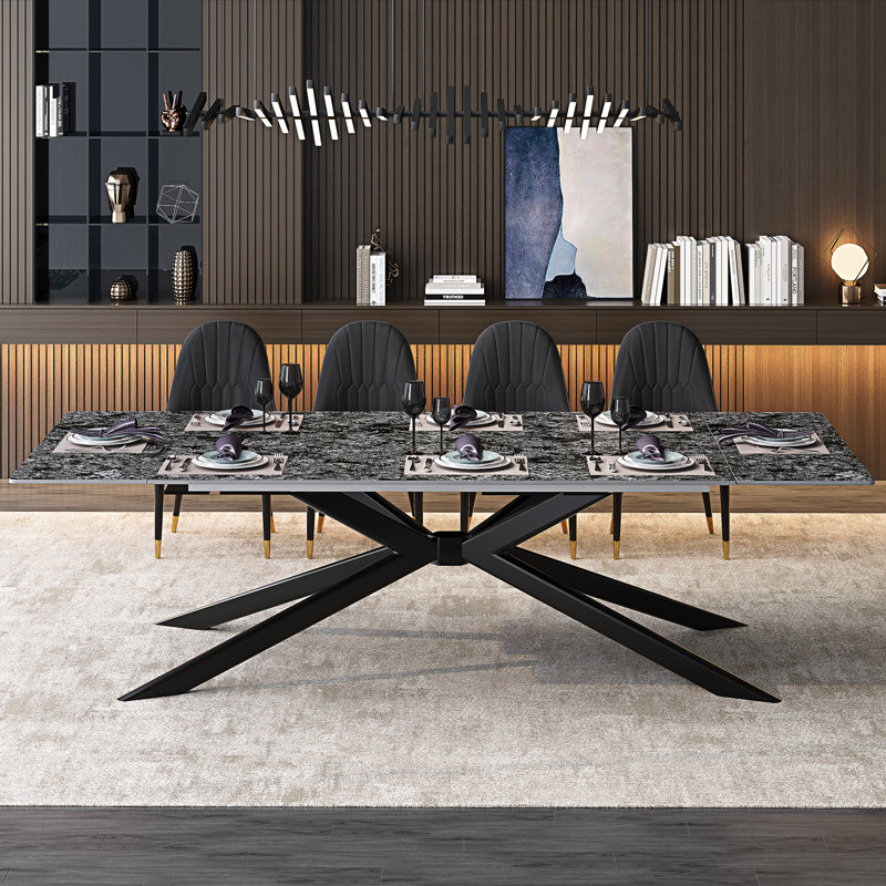 9 - Piece 110.23'' Extendable Rectangular Sintered Stone Dining Table With 8 Leather Chairs Dining Set, Black/White, Black