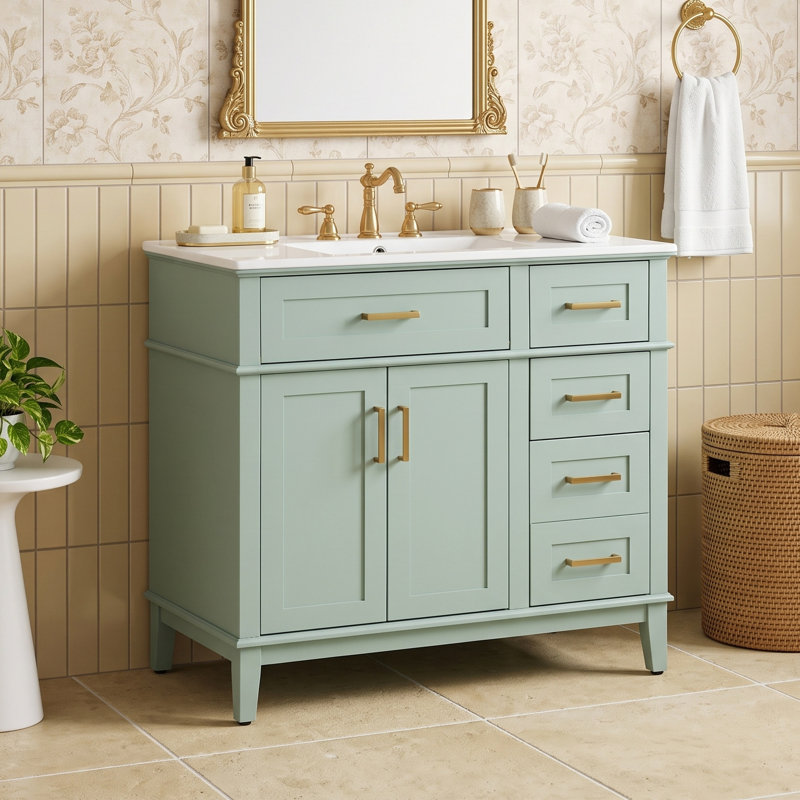 Meuble-lavabo autoportant avec lavabo en céramique et 4 tiroirs à fermeture en douceur, Vert clair