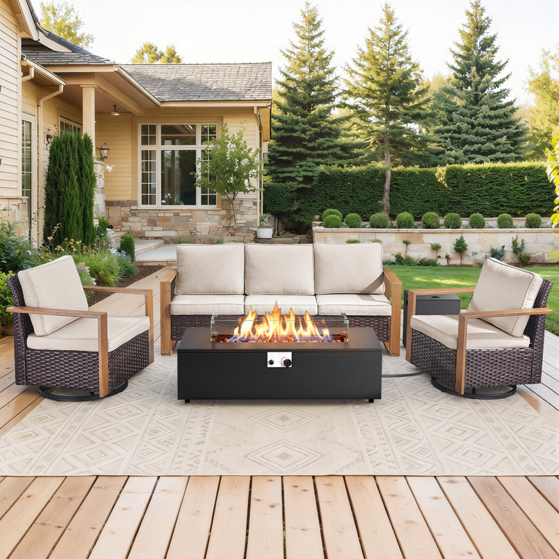 Drazen 5 - Person Patio Furniture Set With Fire Pit Table, All-Weather Wicker Outdoor Conversation Set With Chair And Thick Cushions