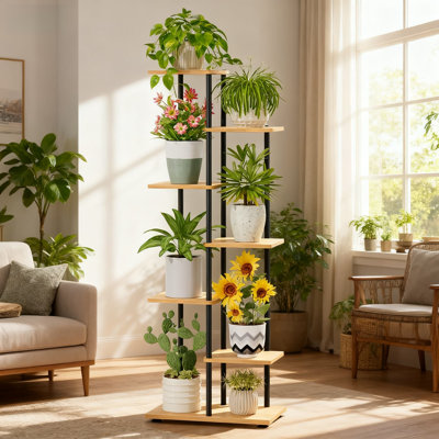 Tablette d'angle à 6 niveaux pour support à plante en métal et bois pour plusieurs pots de fleurs